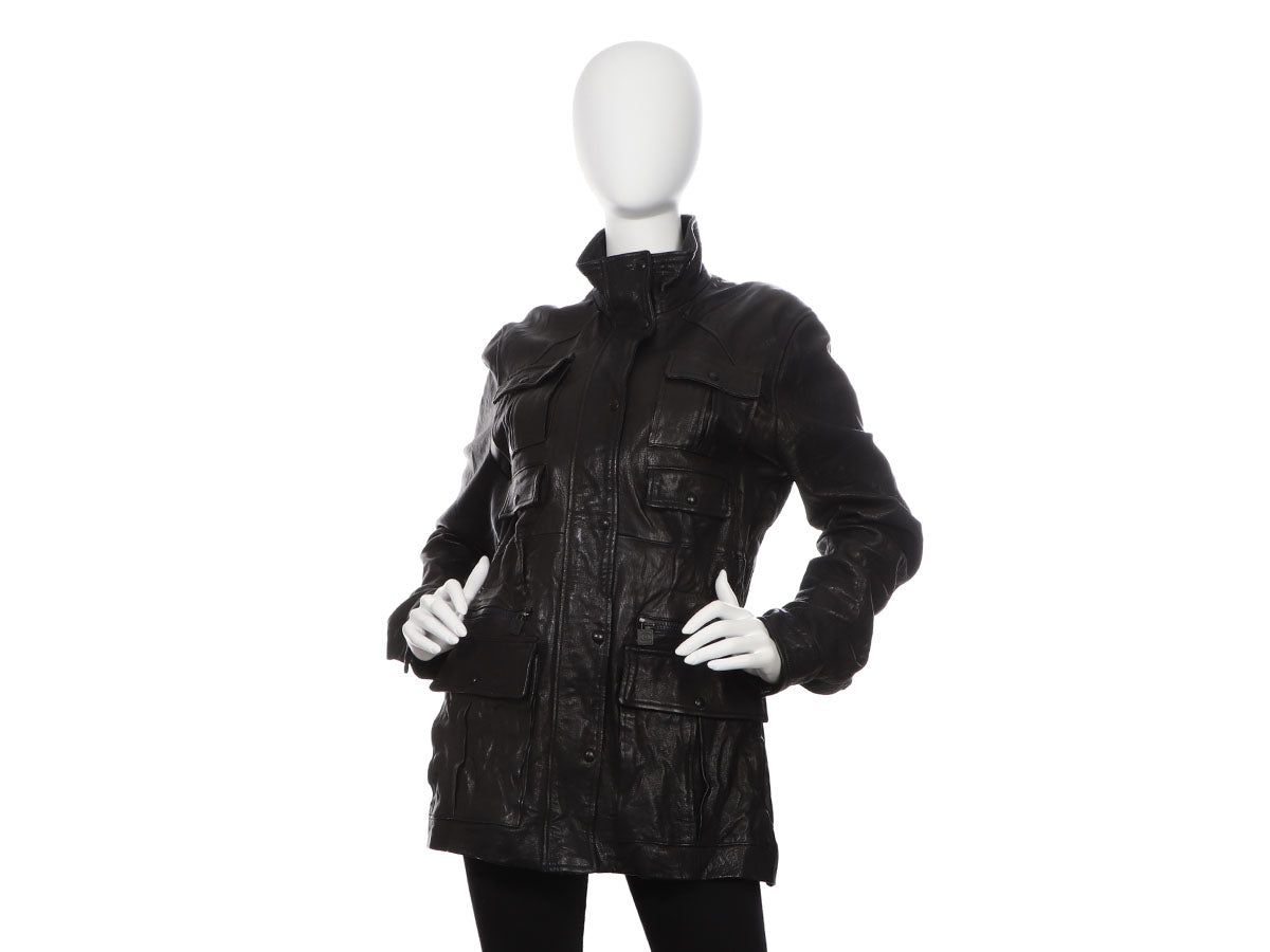 8k Stunning Authentic Chanel 16S Black Lambskin Leather Coat Jacket Size 36  S
