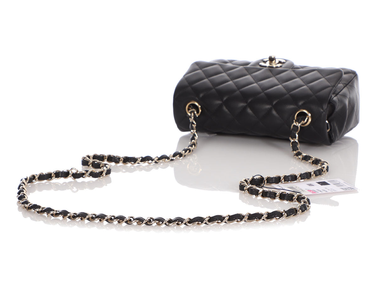 Mini flap bag, Lambskin, patent calfskin & gold-tone metal, black — Fashion