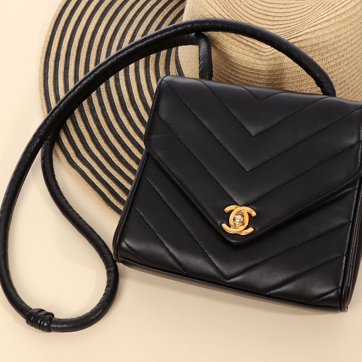 Chanel Vintage Mini Black Chevron Quilted Lambskin Envelope Flap