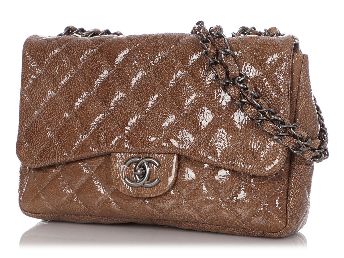Chanel Jumbo Taupe Crinkled Patent Classic Single Flap by Ann's Fabulous Finds