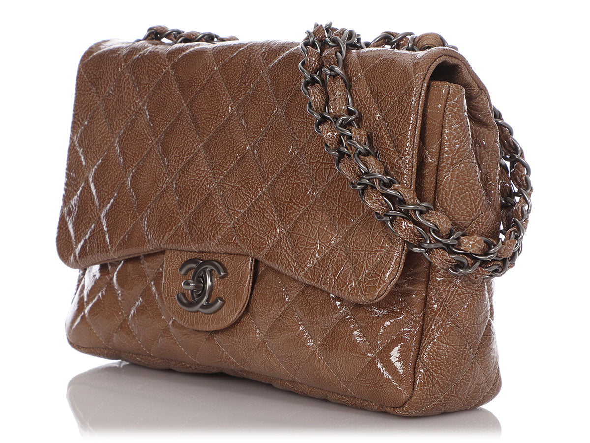 Chanel Jumbo Taupe Crinkled Patent Classic Single Flap by Ann's Fabulous Finds