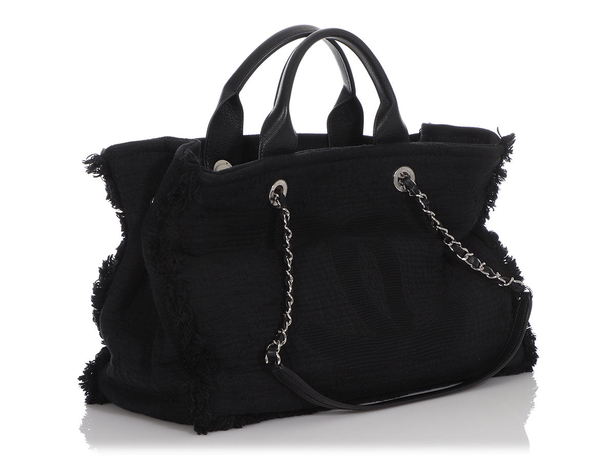Chanel Black Quilted Fabric Deauville Fringed Tote