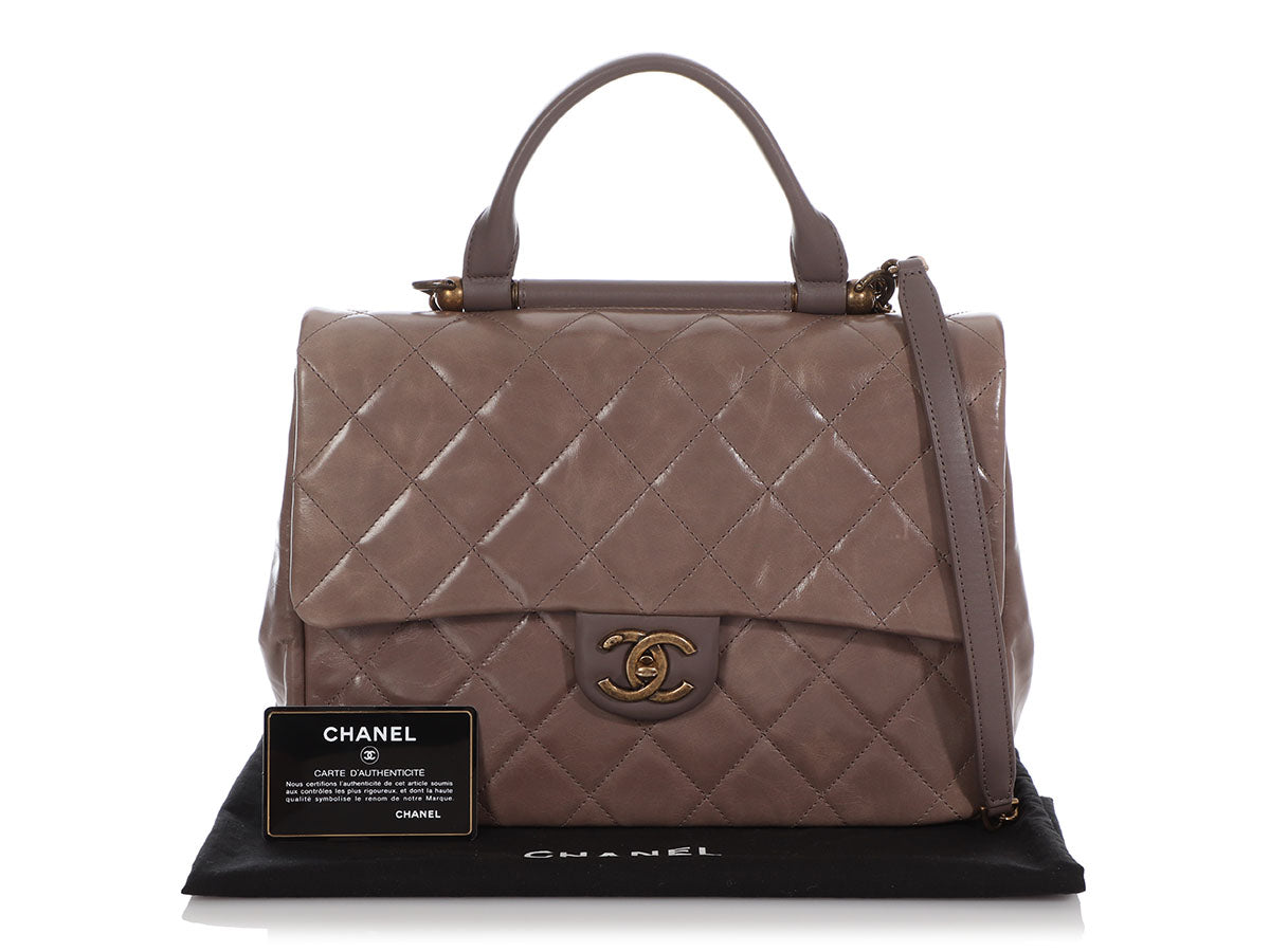 Chanel Medium Dark Gray Part-Quilted Caviar Gold Bar Top Handle Flap by Ann's Fabulous Finds