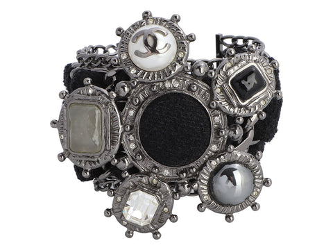 Chanel Wide Silver and Black Tweed Gripoix Logo Bracelet
