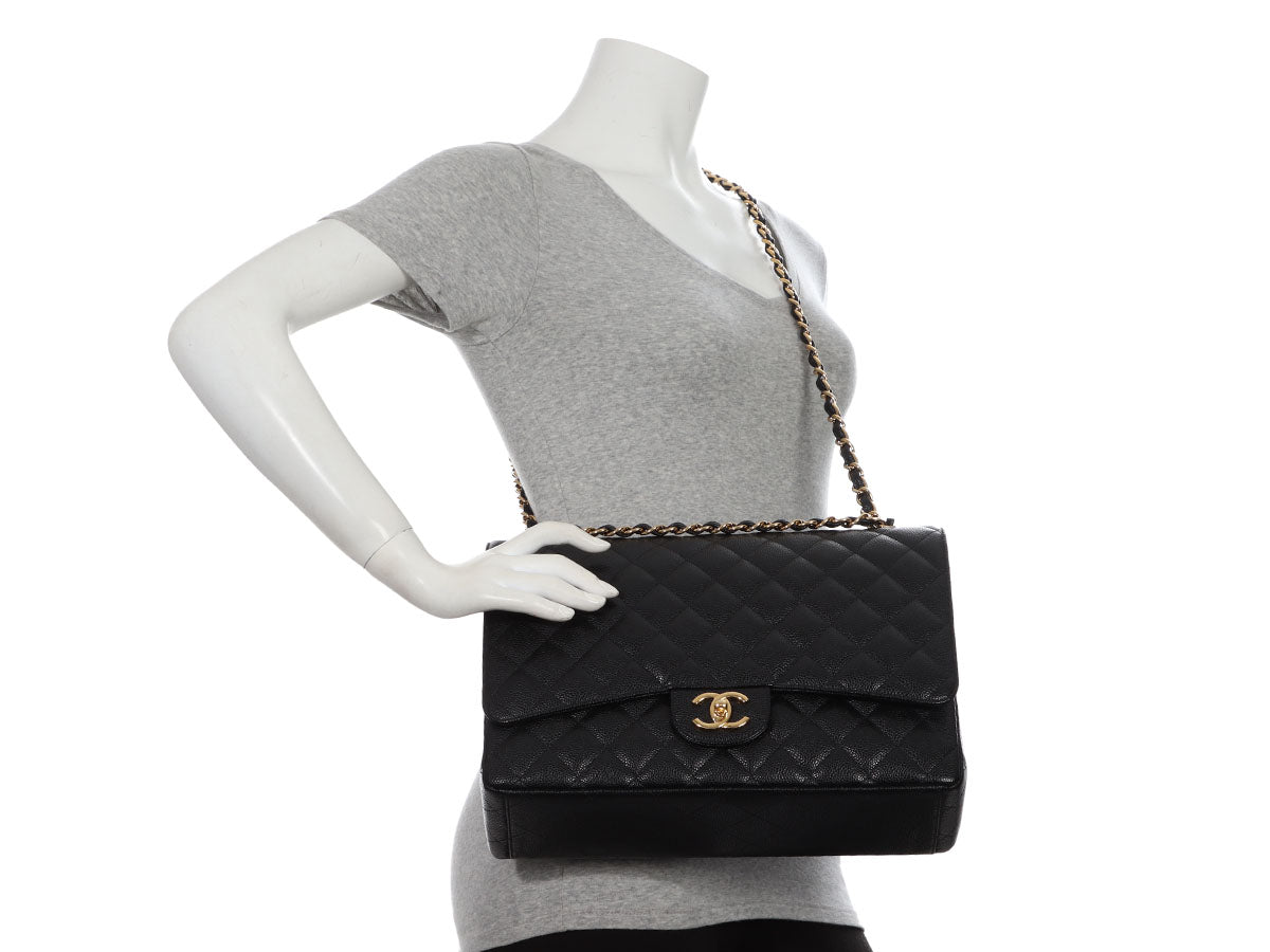 Chanel Classic Double Flap Quilted Caviar Gold-tone Maxi Black - US