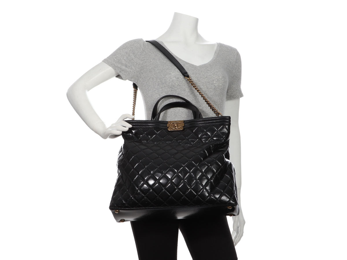 Authentic Chanel Black Aged Calfskin Quilted Large Gabrielle Shopping Tote