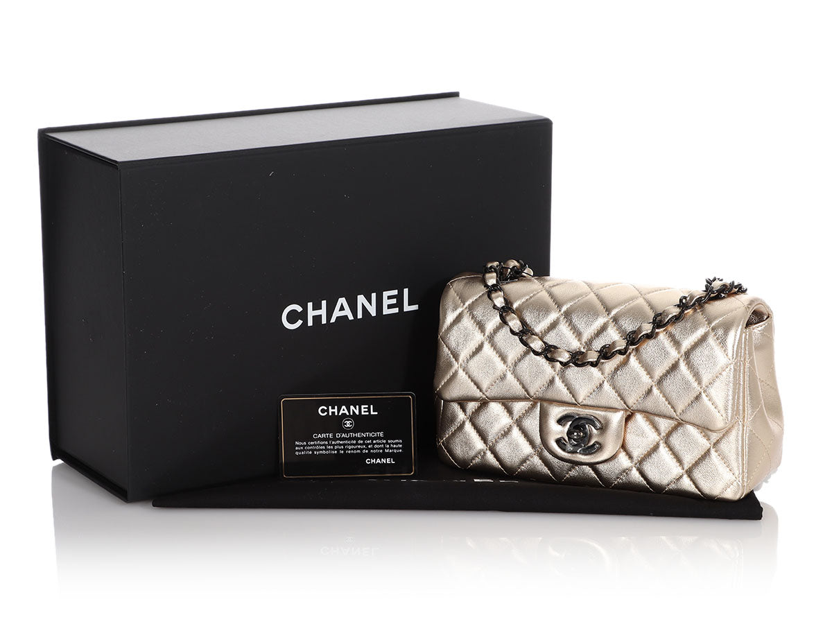 Chanel Gold Metallic Quilted Lambskin Mini Rectangular Classic Flap Black Hardware, 2021 (Very Good), Womens Handbag