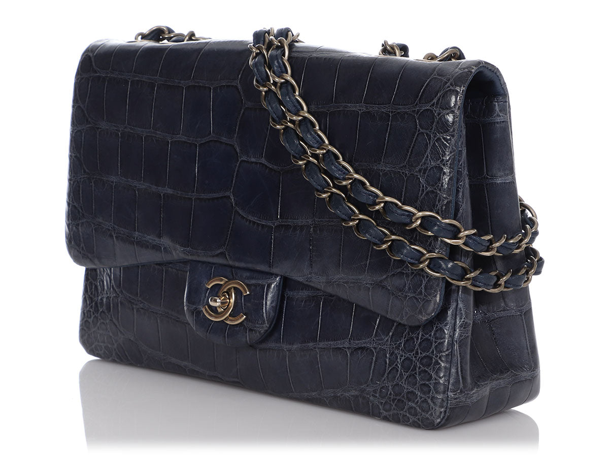 Chanel Jumbo Blue Matte Alligator Classic Single Flap