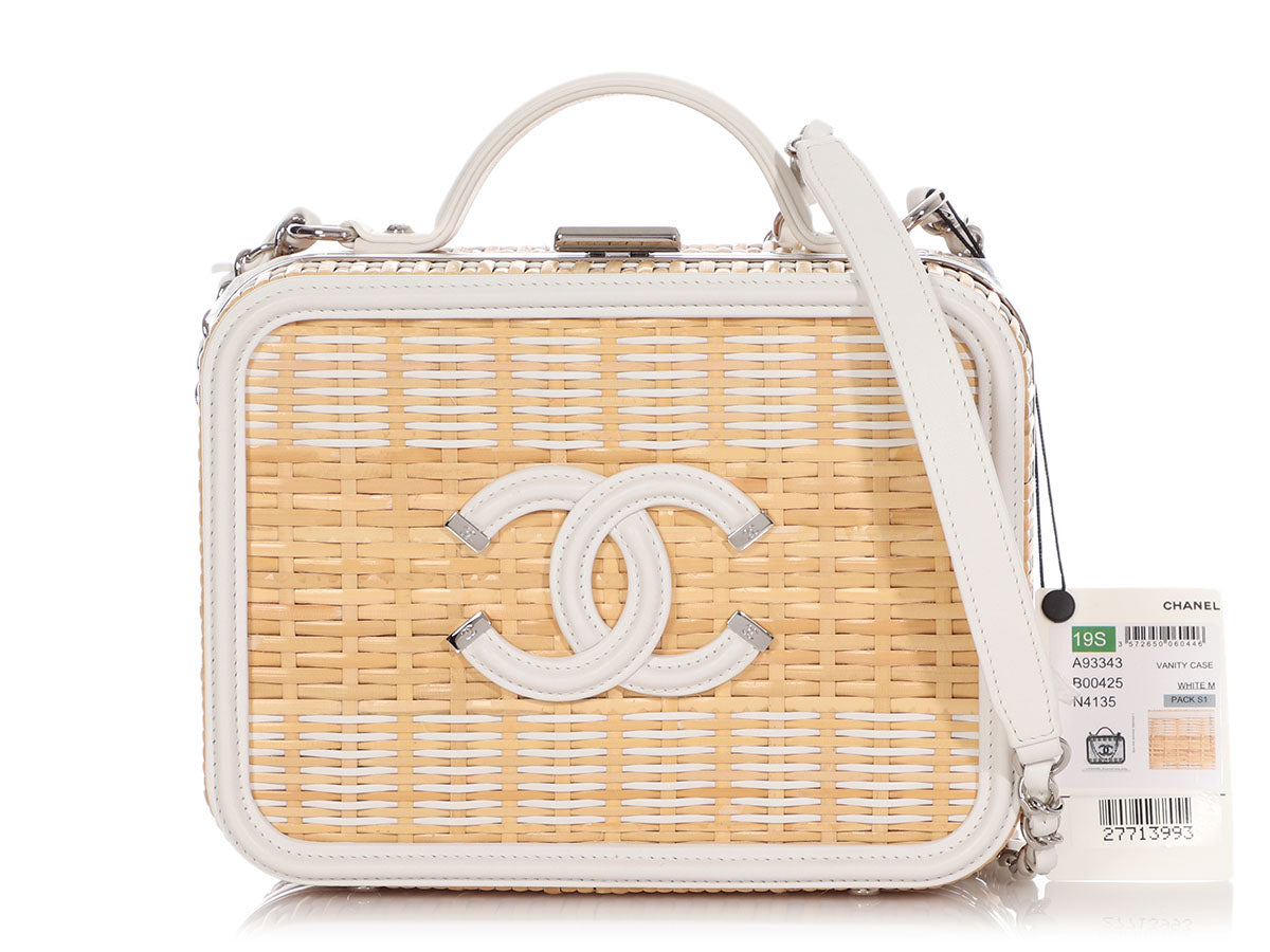 Chanel Vanity Case Beige & White, Rattan, Patent Calfskin & Silver-Ton