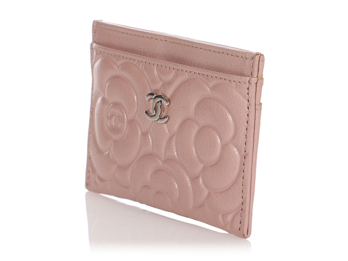 Chanel Card Holder Camellia Embossed Lambskin Black in Lambskin with  Silver-tone - US