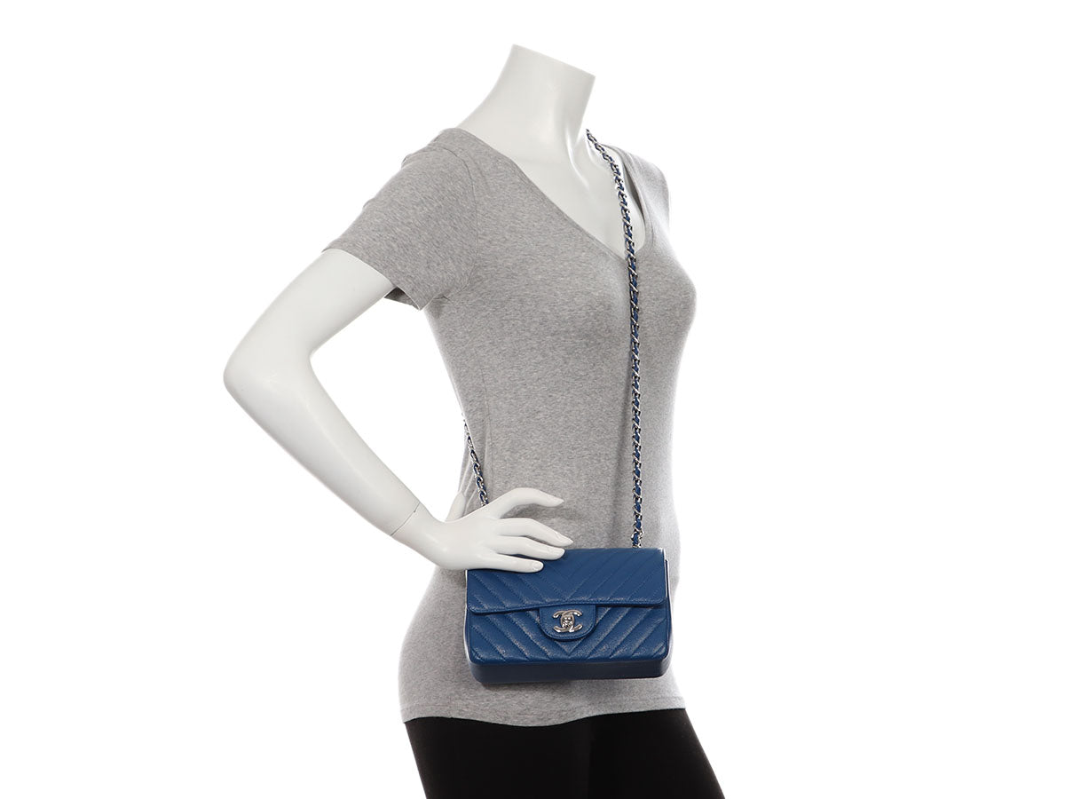 Chanel Mini Blue Chevron-Quilted Caviar Rectangular Classic