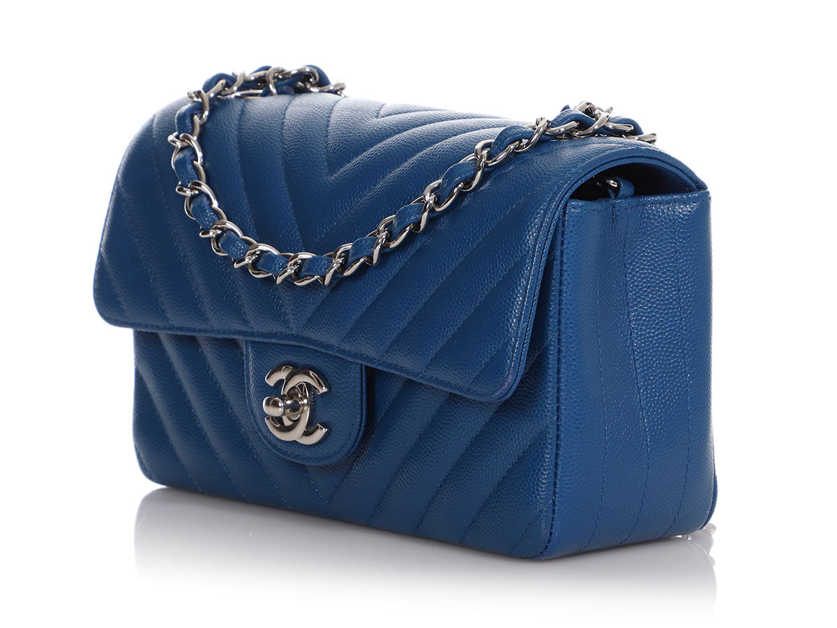 Chanel Mini Blue Chevron-Quilted Caviar Rectangular Classic