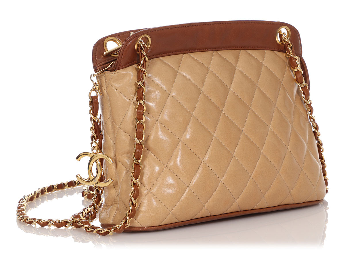 Chanel Vintage Tan Quilted Lambskin and Brown Trim Shoulder Bag