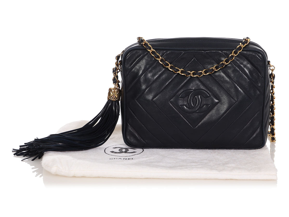 Chanel Vintage Medium Navy Chevron-Quilted Lambskin Camera Bag