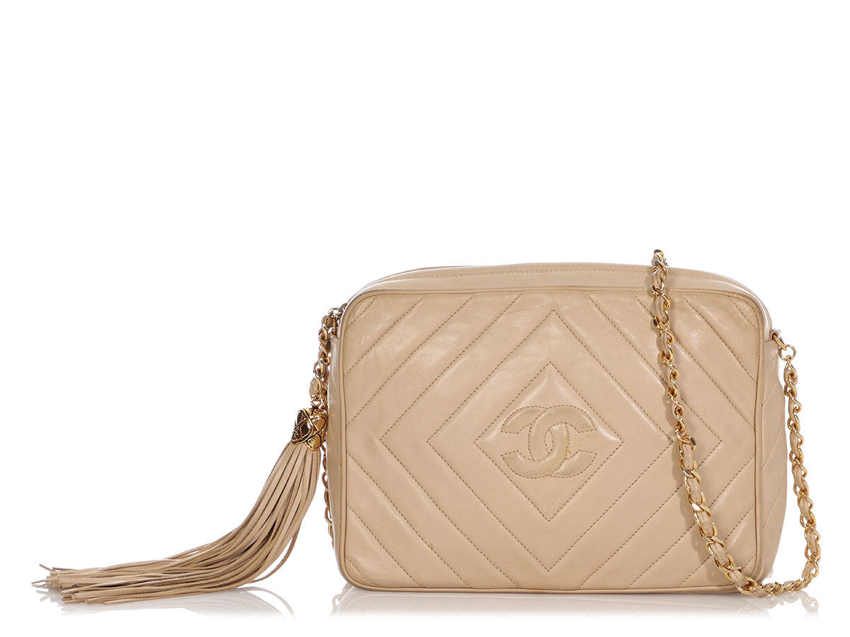 Vintage Chanel Quilted Tassel Camera Bag Beige Leather Chain Strap