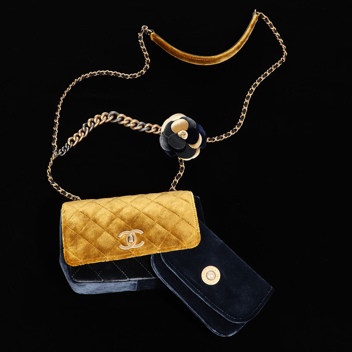 Chanel - Camellia Black Satin Pochette Bag - Gold Chain Strap Quilted