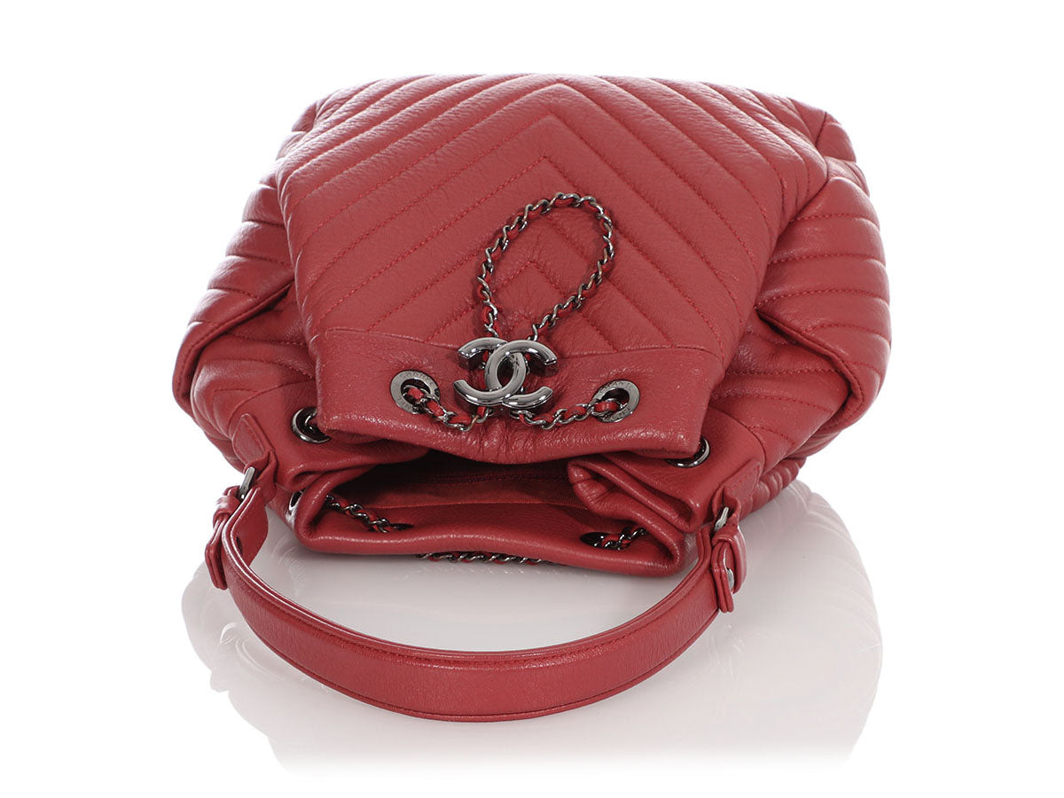 Chanel Small Red CC Chain Chevron-Quilted Drawstring Bucket Bag