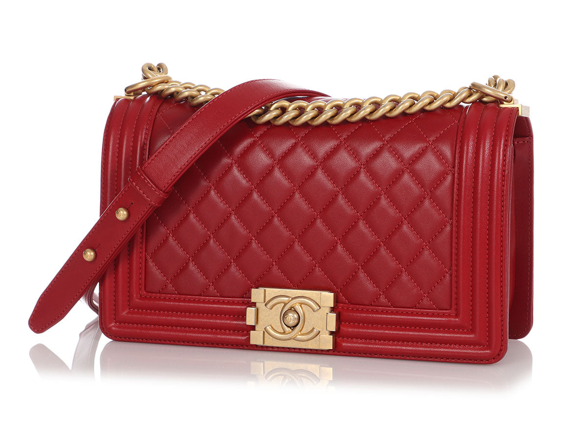 CHANEL Old Medium Quilted Boy Red Lambskin Brushed Gold Hardware 2017 -  BoutiQi Bags