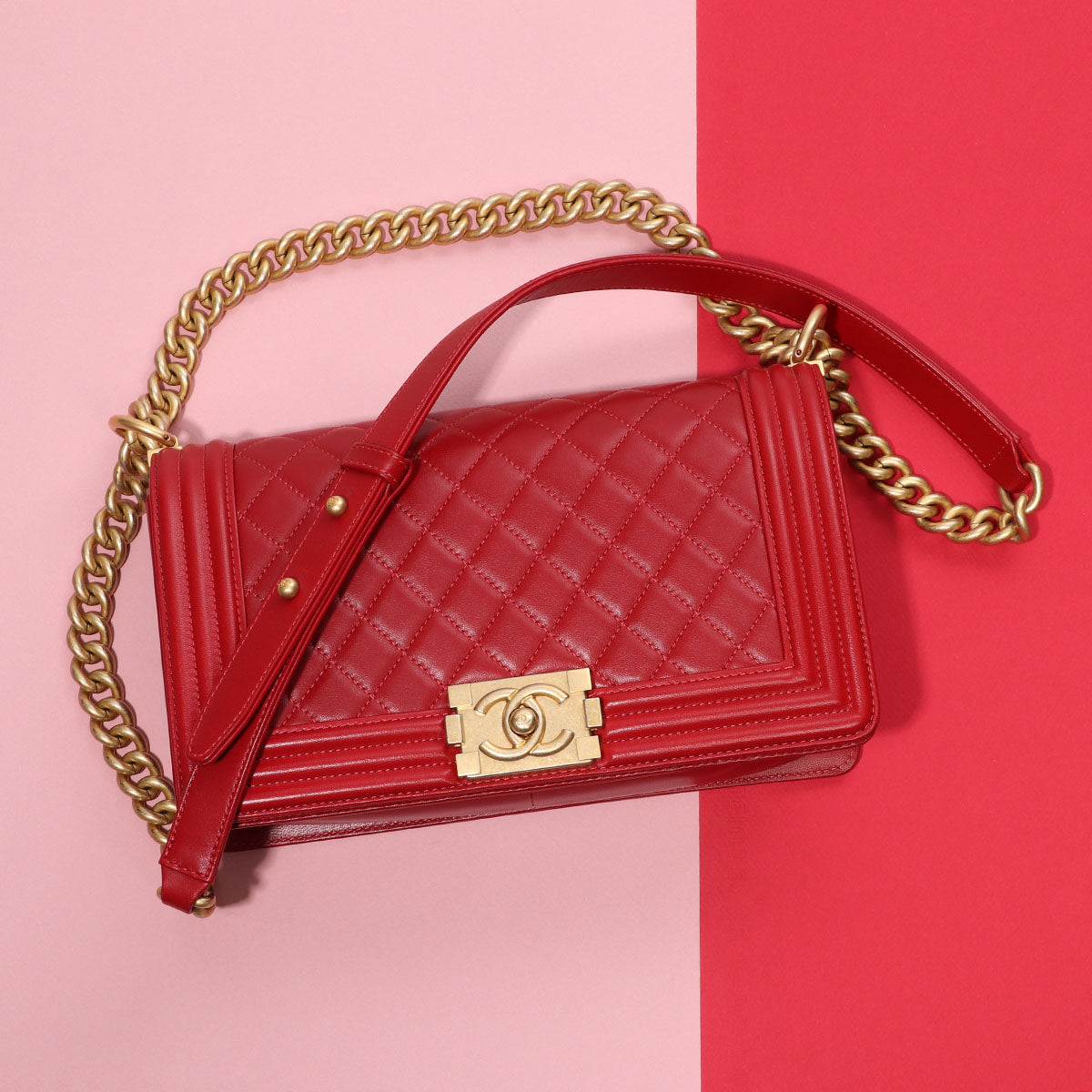 Chanel Old Medium Red Quilted Lambskin Boy Bag