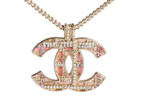 Chanel Crystal, Enamel, Pearl Tweed Logo Pendant Necklace