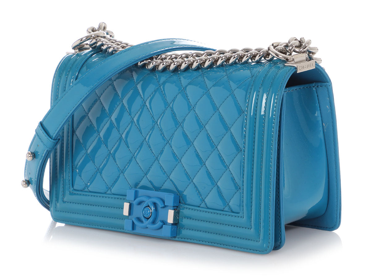 Chanel Light Blue Quilted Patent Leather Medium Boy Bag - Yoogi's Closet