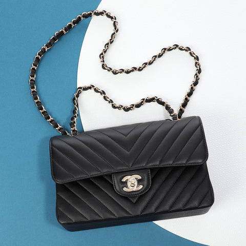 Chanel Small Matte Black Chevron-Quilted Caviar Classic Double Flap