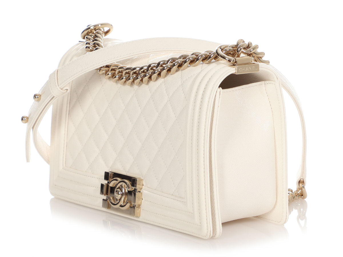 Chanel White Caviar Quilted Medium Boy Bag