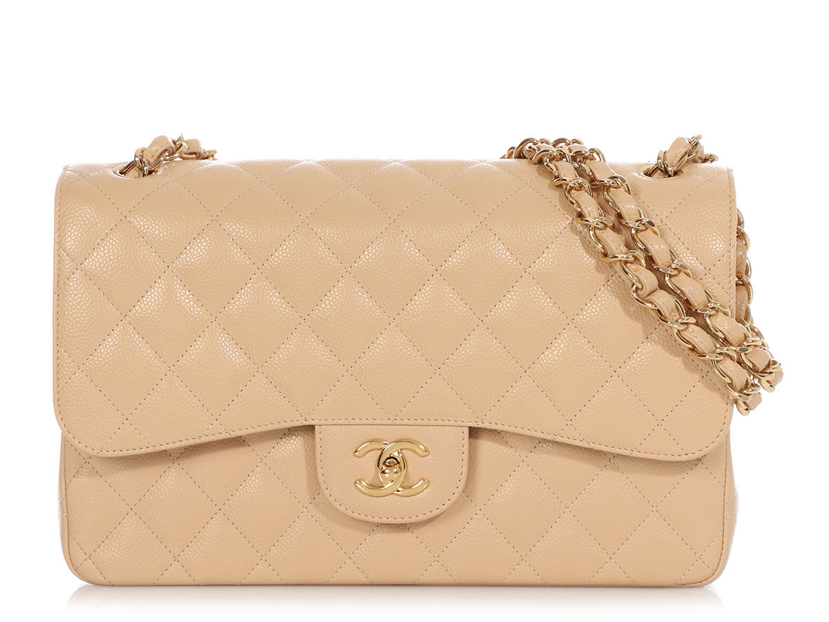 Jumbo Classic Double Flap Bag in Beige Clair Caviar