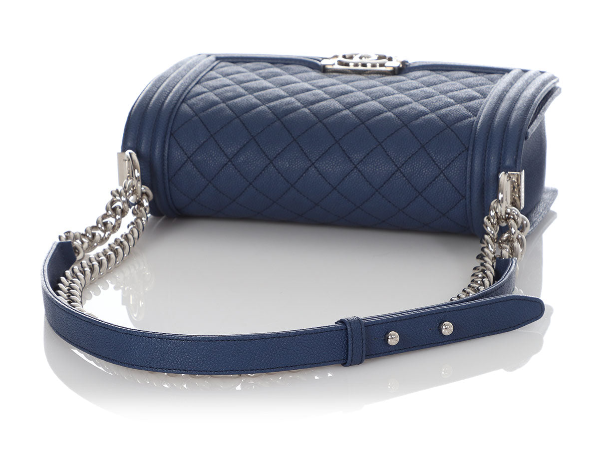 Chanel Boy Chain Shoulder Bag Navy Quilted Flap Caviar Grained L15