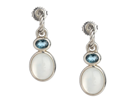 David Yurman Sterling Silver Moonstone and Blue Topaz Pierced Drop Earrings