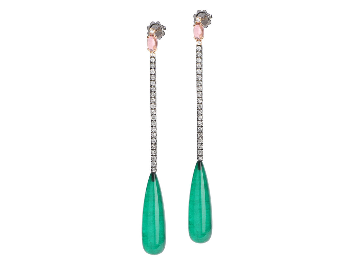 Two-Tone 18K Gold Emerald Diamond Pierced Drop Earrings