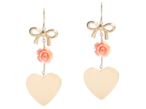 Emily and Ashley 14K Yellow Gold Coral Bow and Heart Pierced Drop Earrings