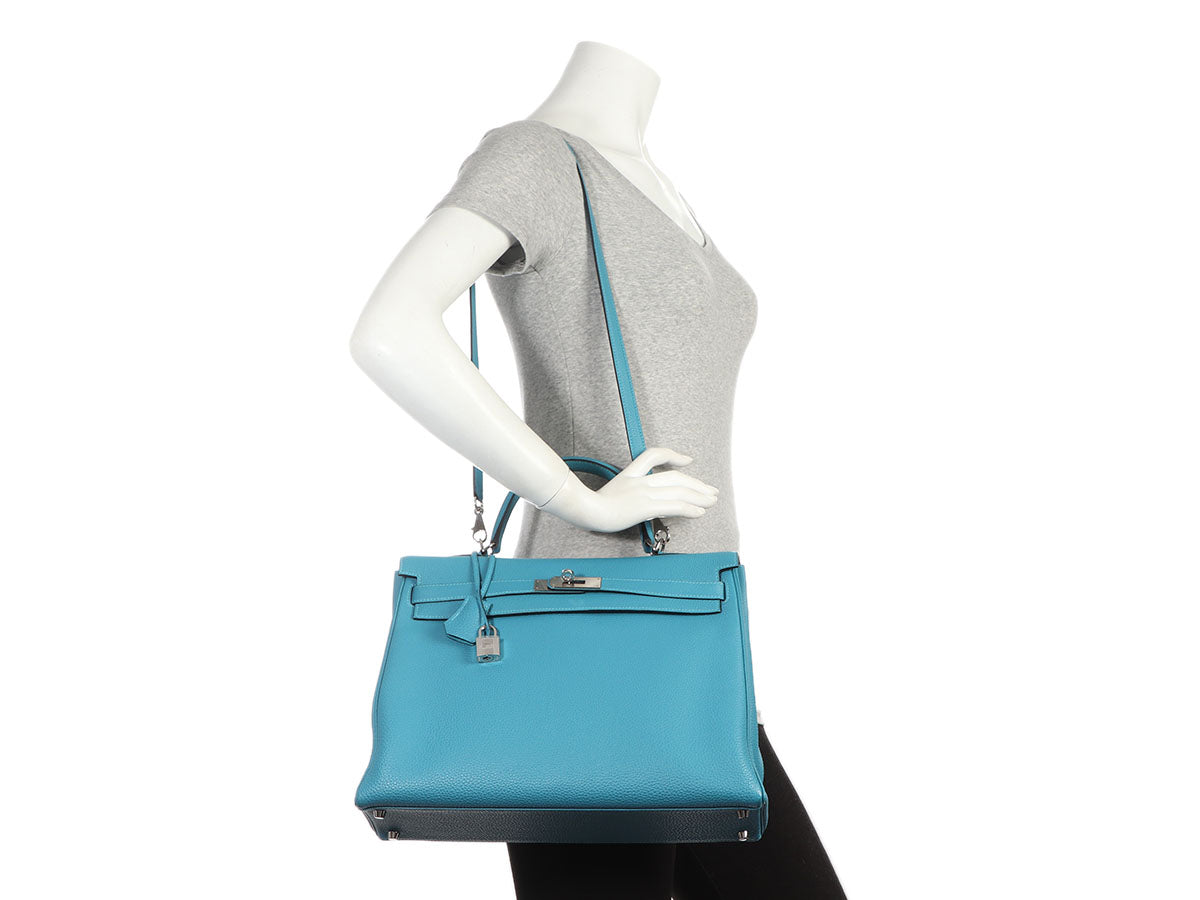 Authentic Hermes Kelly 35 Limited Edition Ghillies Turquoise Blue with  Silver HW