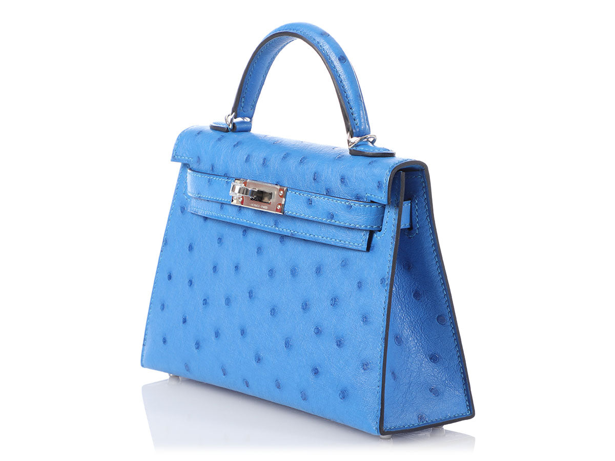 Hermes Bleu Iris GHW Ostrich Mini Kelly II 20 cm