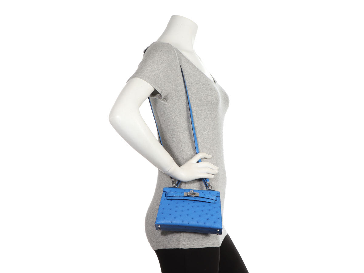 Hermes Kelly Pochette Bag Bleuet Ostrich Clutch Gold Hardware at