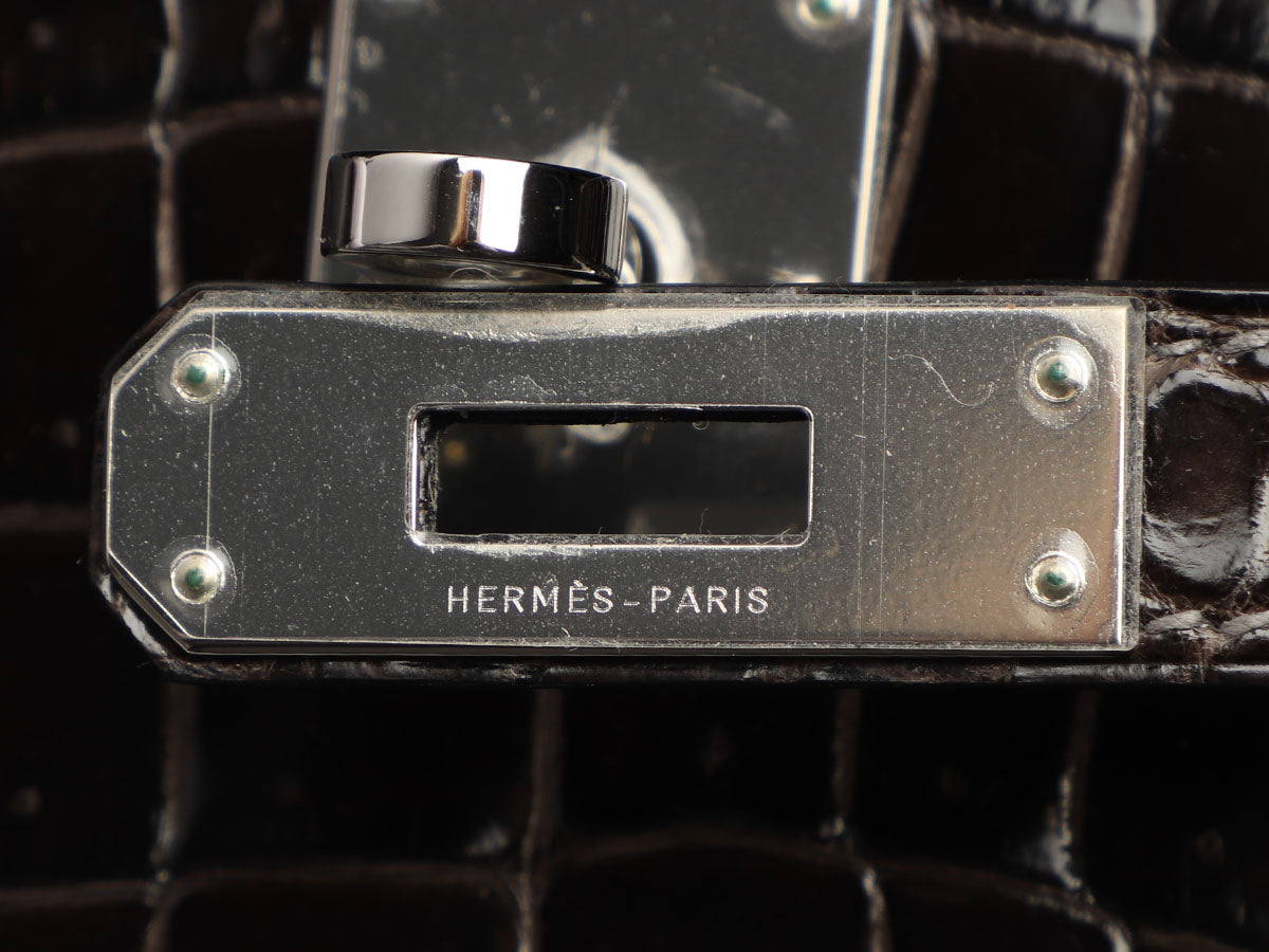 Hermès Bleu Brighton Shiny Porosus Crocodile Kelly Cut PHW