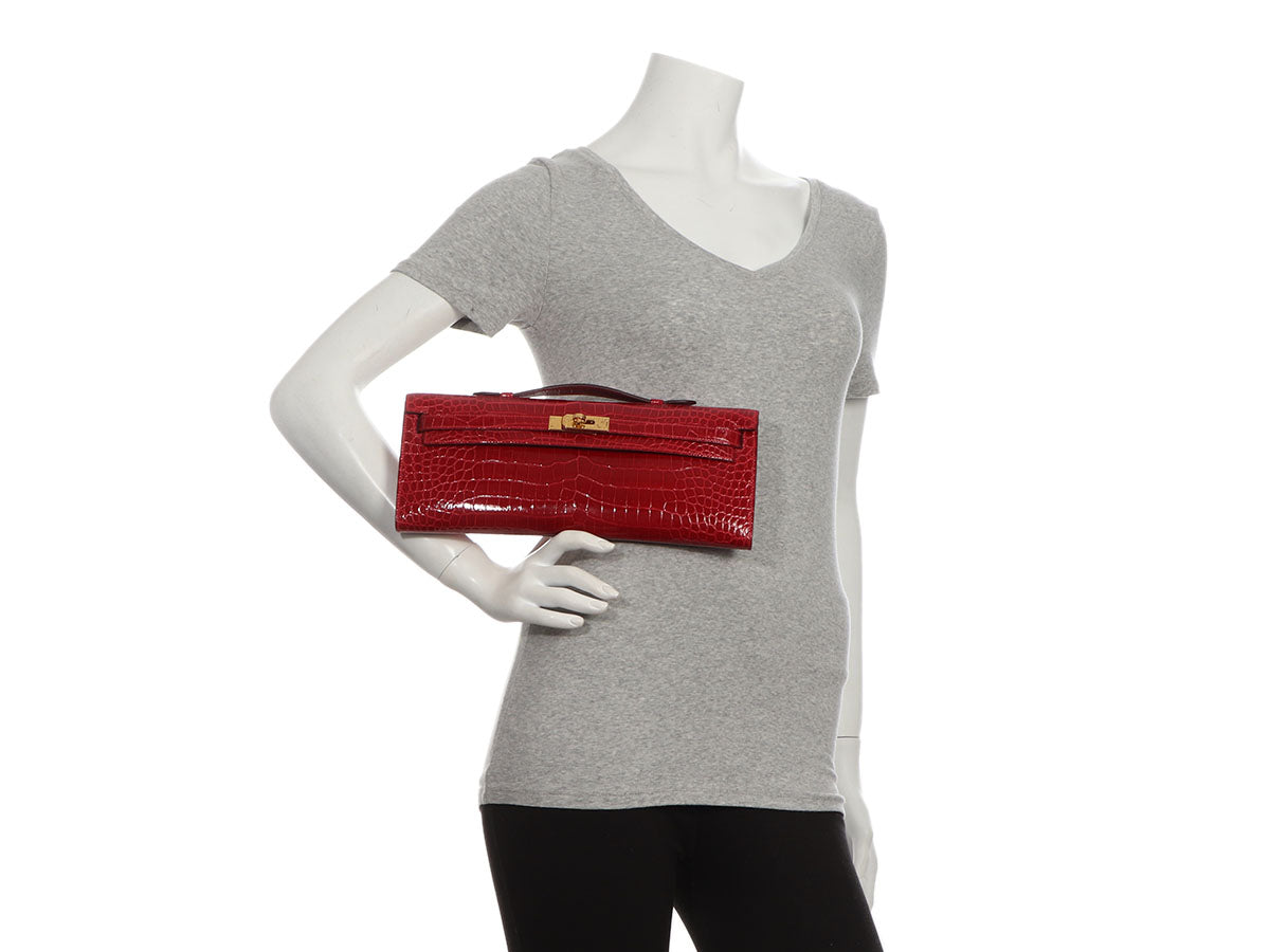 Hermes Kelly Cut Bag Braise Crocodile Gold Hardware Exquisite Lipstick Red