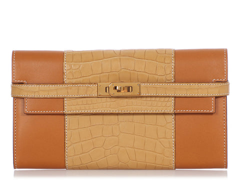 Hermès Mais Matte Alligator and Natural Butler Flag Kelly Long Wallet