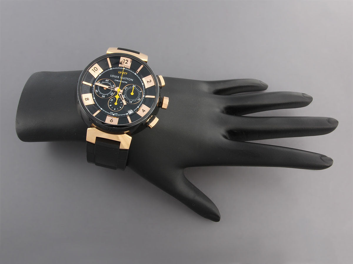 Louis Vuitton Tambour, A Black Stainless Steel and Rose Gold Chronograph Wristwatch, Mens Watch