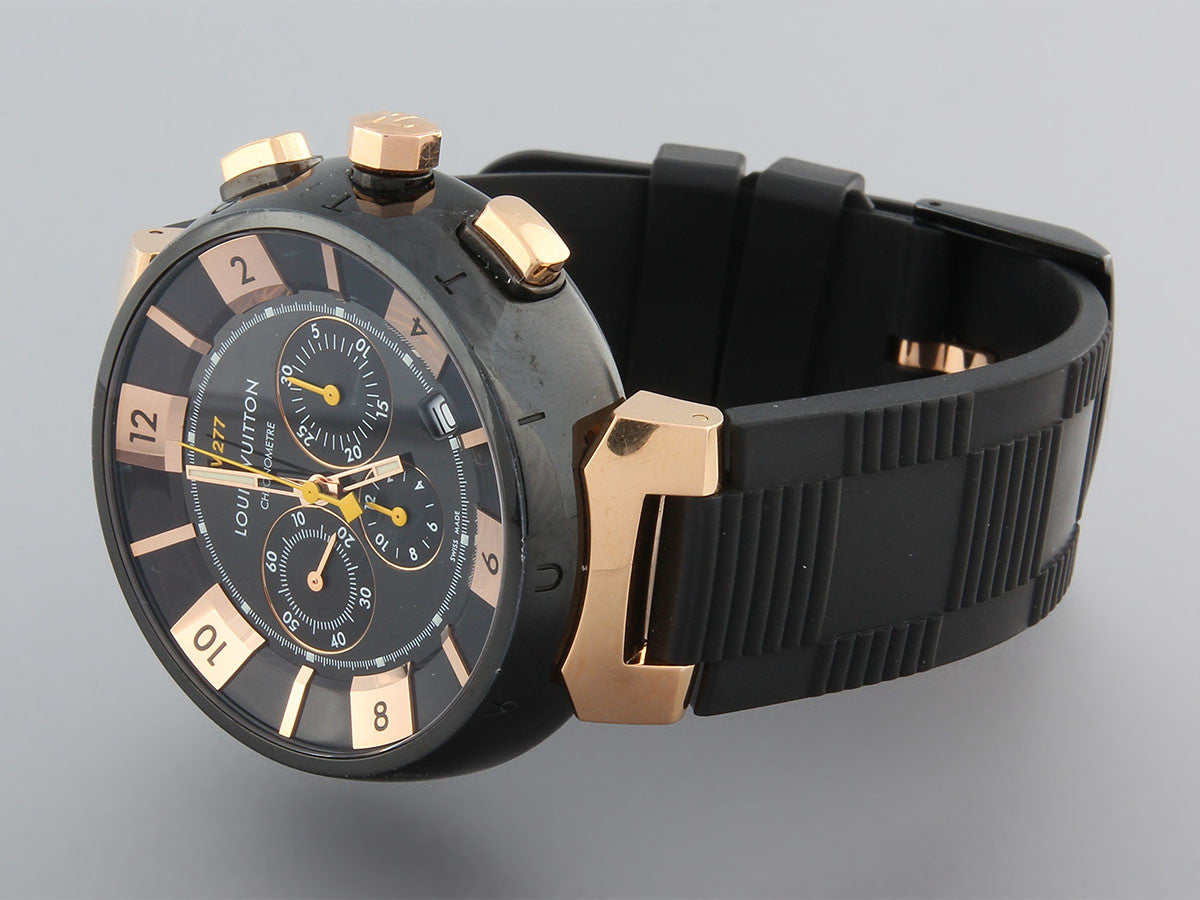 Louis Vuitton Tambour, A Black Stainless Steel and Rose Gold Chronograph Wristwatch, Mens Watch
