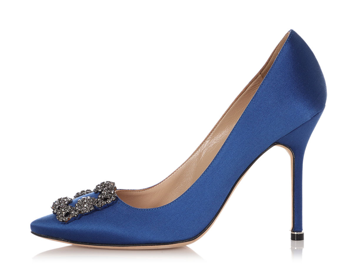 Manolo Blahnik Blue Satin Hangisi 105 Brooch Pumps
