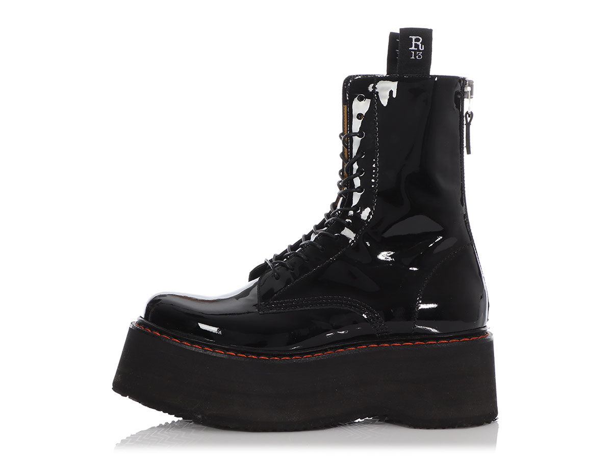Prada x Louis Vuitton Patent Leather Ladies Combat Boots - Black
