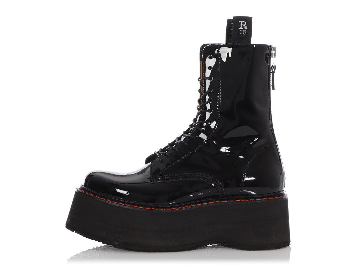 R Black Patent Double Stack Platform Combat Boots