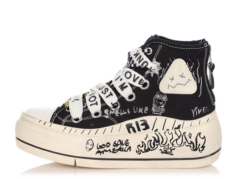 R13 Black Graffiti Double Grommet Kurt High Top Sneakers