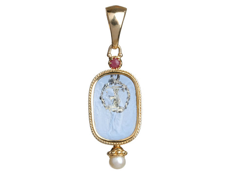 Tagliamonte 18K Yellow Gold Blue Venetian Glass Cameo Intaglio Athena Pendant