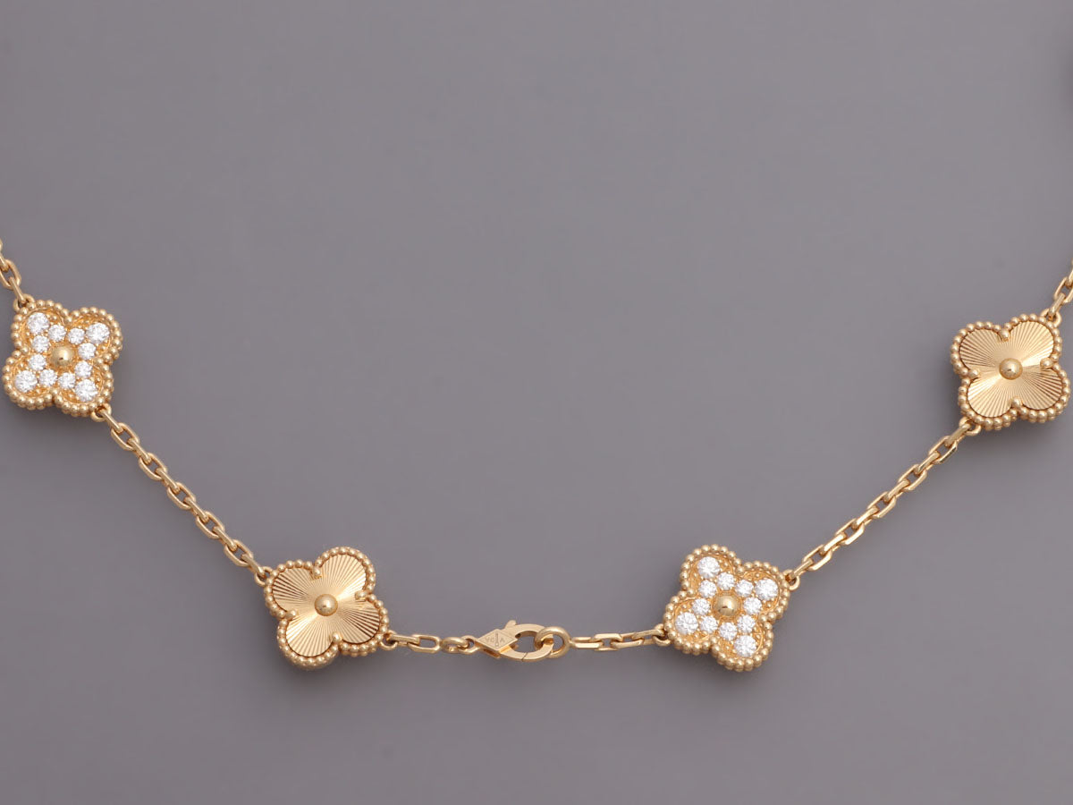 VAN CLEEF & ARPELS 18K Yellow Gold 10 Motifs Guilloche Vintage Alhambra  Necklace 1022112