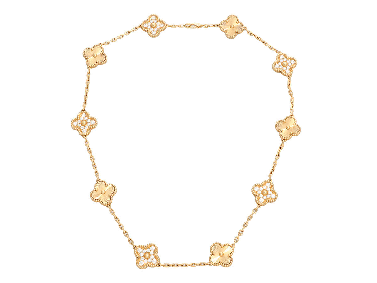 Van Cleef & Arpels 18K Yellow Gold Guilloché Diamond 10-Motif Vintage  Alhambra Necklace