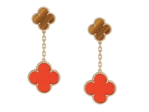 Van Cleef & Arpels 18K Gold Carnelian and Tiger Eye 2-Motif Magic Alhambra Pierced Drop Earrings