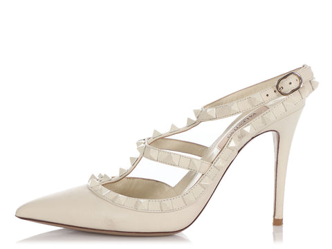 Valentino White Rockstud Ankle Strap Pumps